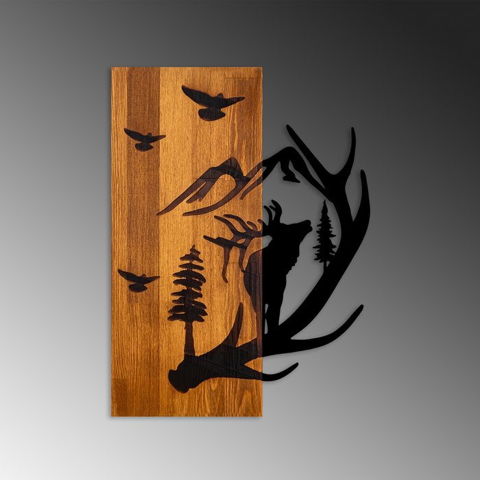 Wallity Deer and Mountain Escultura de pared Nogal y Negro